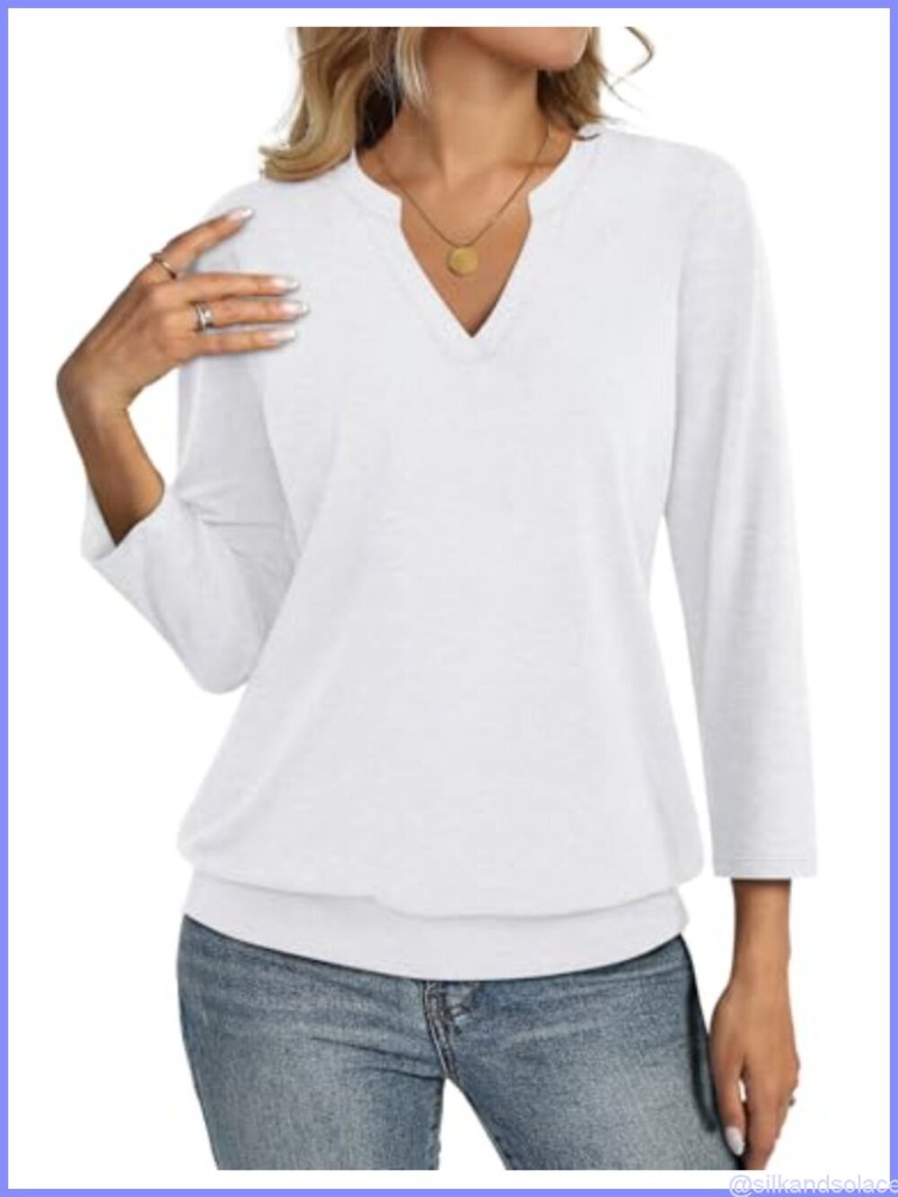 Womens 3/4 Sleeve V Neck Banded Bottom Casual Top